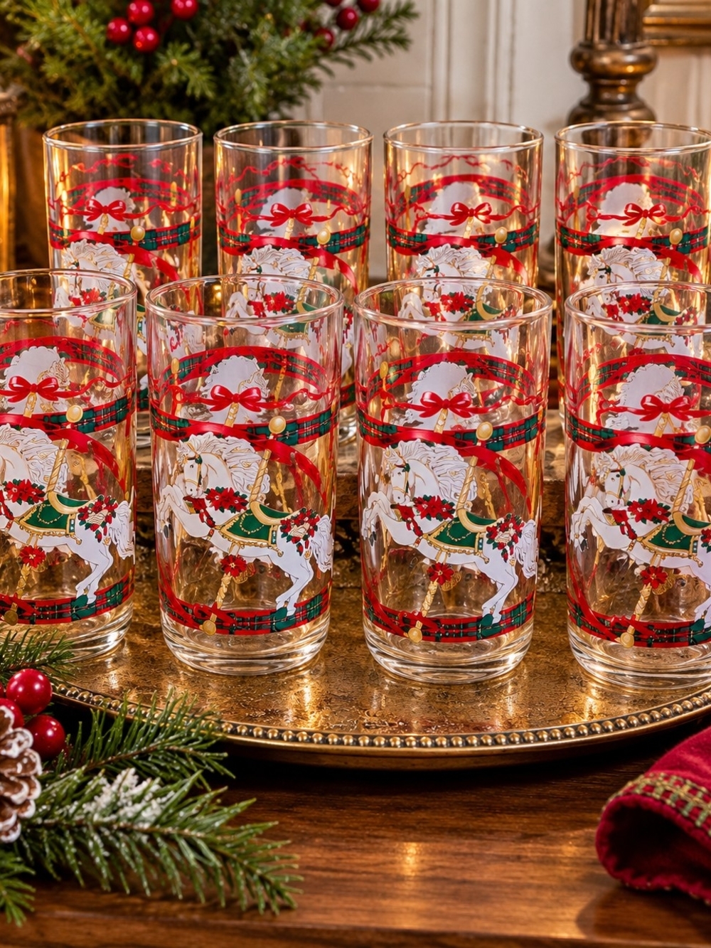 Vintage 1990 Libbey House of Lloyd Christmas Carousel Horse Tumblers Set of 8